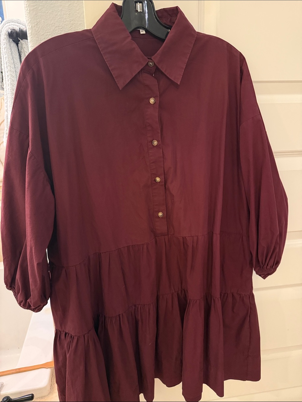 Tiered Mini Shirt Dress in Deep Wine